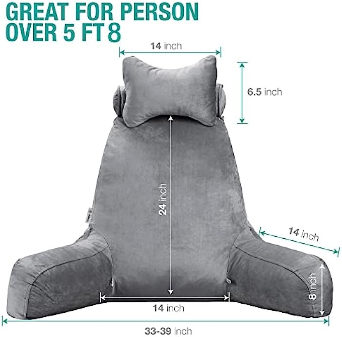 Vekkia XXL Soft Reading & Bed Rest Pillow with Higher Support Arm, Pocket, Free Neck Pillow. Back Support for Reading/Relaxing/Watching TV - Extra Foam Incl-24”