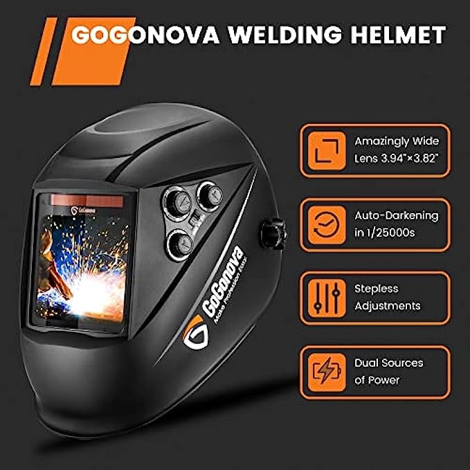 3.94”×3.82” Large Viewing Welding Hood, GoGonova Auto Darkening True Color Solar/Battery Powered Welder Mask, 4 Arc Sensor Wide Adjustable Shade DIN 5-9/9-13 for SMAW, MIG, TIG, GTAW