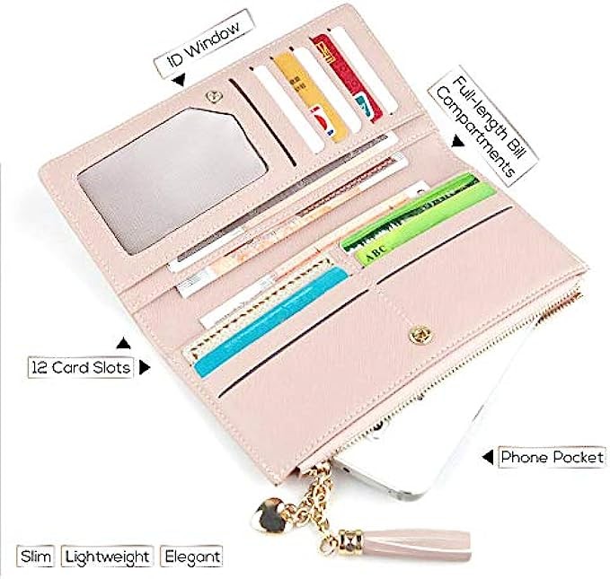 Wallets for Women Leather Cell Phone Case Holster Bag Long Slim Credit Card Holder Cute Minimalist Coin Purse Thin Large Capacity Zip Clutch Handbag Wallet for Girls Ladies