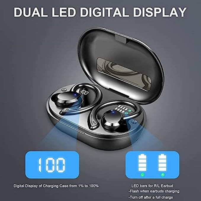 Wireless Earbud, Sport Bluetooth 5.1 Headphones with Earhooks Wireless Earphones in-Ear with Immersive Sound, Bluetooth Earbud IP7 Waterproof, Noise Cancelling, Dual LED Display, 48H Playtime, Running